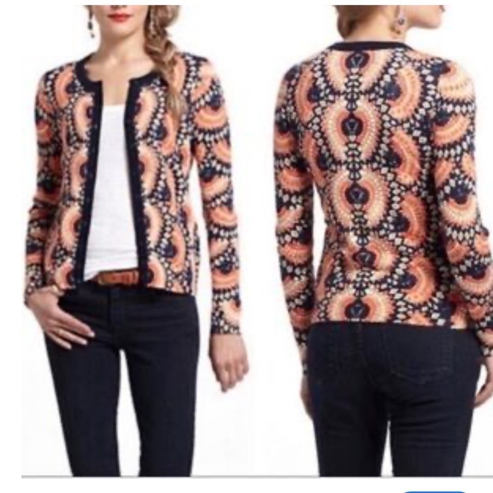 Tabitha Anthropologie Orange Navy Geometric Fan Print Cotton Cardigan Sweater S